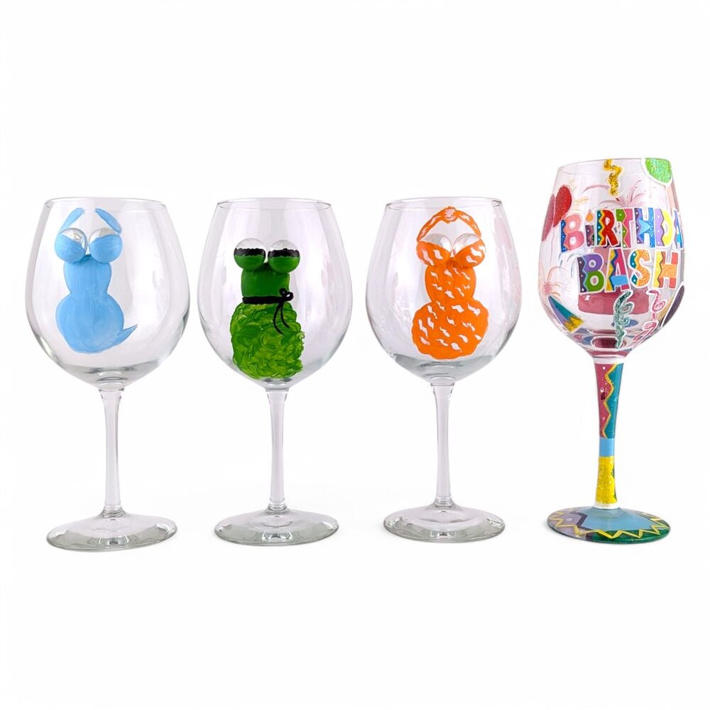 Stemware Mixed Lot of 4 Wine Glasses Lolita Birthday Bash Handpainted Swim Party